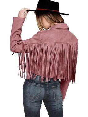 Women's Dark Pink White Polyester Blend Spring Tassel Motorcycle Cropped Jacket
